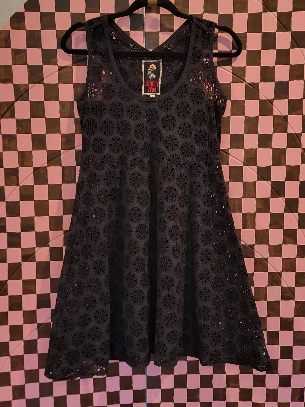 Johnny Was Black Floral Eyelet Sleeveless Mini Dress